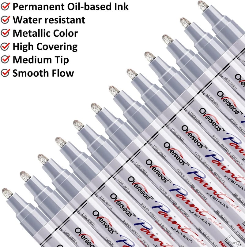 Lesun Silver Paint Pens - 12 Pack Waterproof Oil-Based Paint Pen Set, Quick Dry and Permanent, Markers for Rock, Stone, Ceramic, Wood, Fabric, Plastic, Canvas, Glass, Mugs, Tires - Image 2